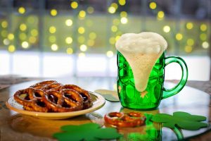 Green beer and pretzels